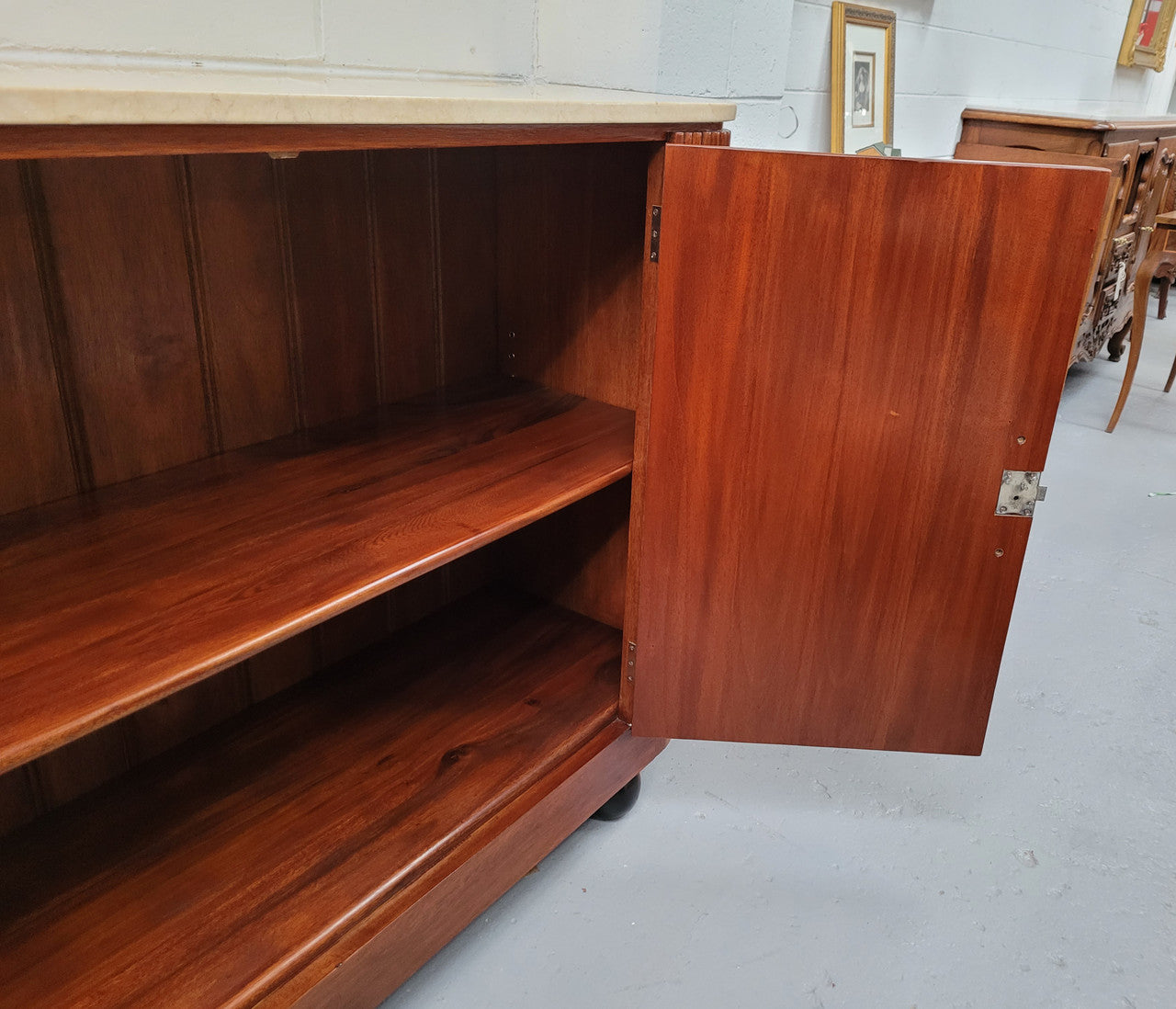 Beautiful Bespoke Art Deco style Walnut and Mahogany marble top buffet. In good original detailed condition.