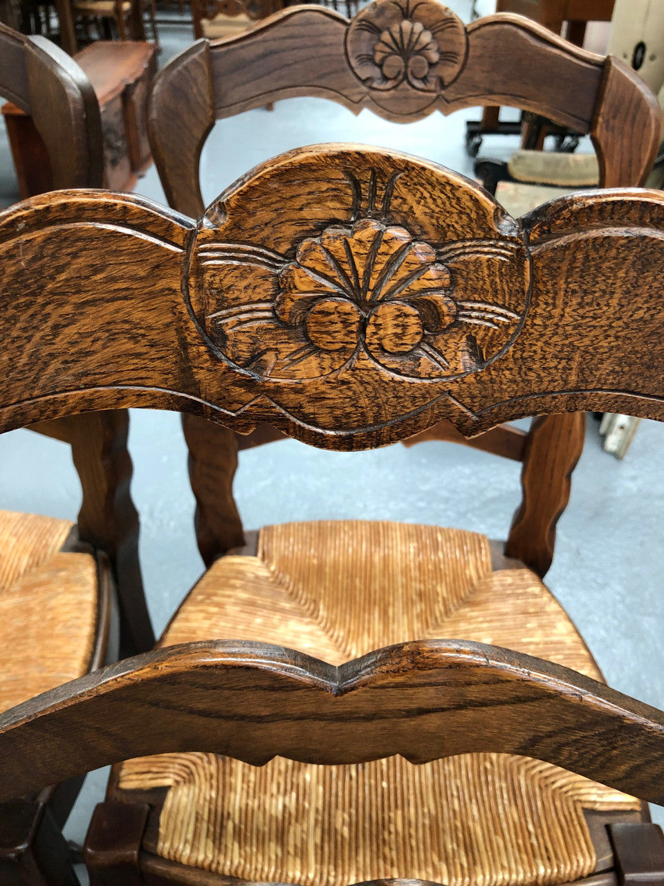 Lovely Set Of Six French Oak Rush Seat Dining Chairs