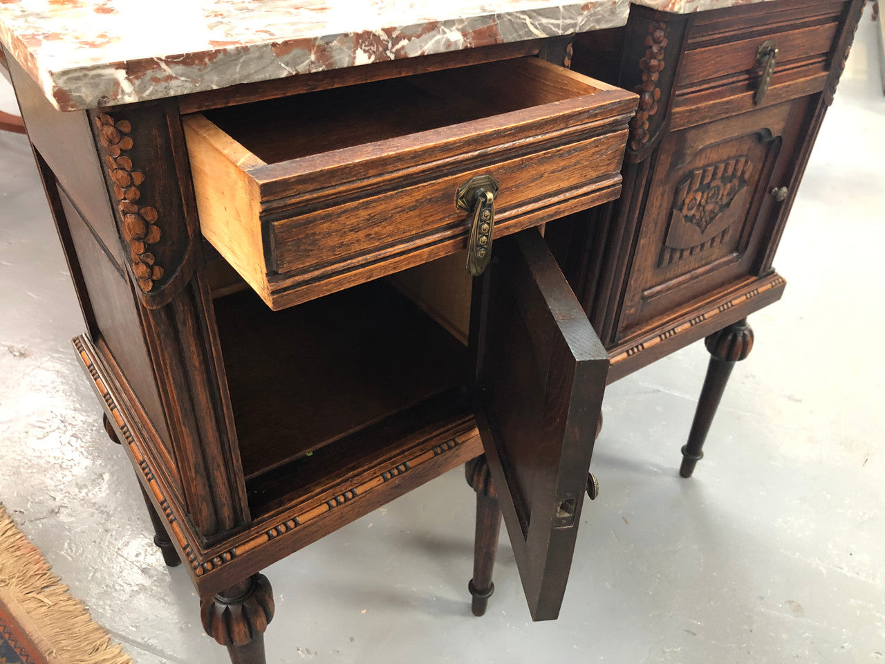 Pair Of French Oak Marble Top Henry II Style Bedside Tables
