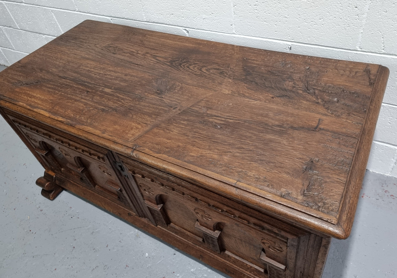 Fabulous carved French oak Antique Coffer / Chest with a lift up lid and loads of beautiful character in good original detailed condition.