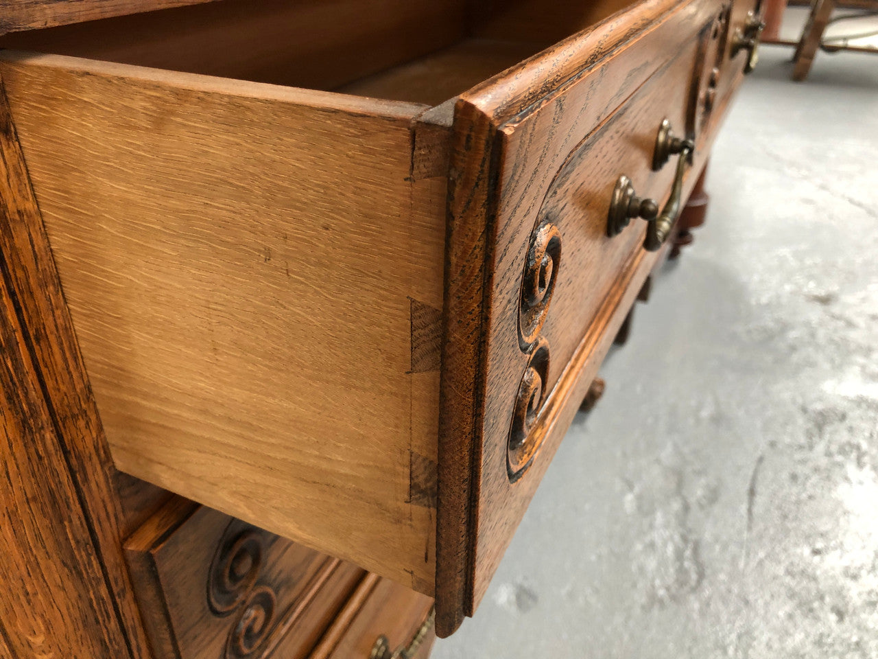 French nicely carved Oak chest of three drawers. In good original detailed condition.