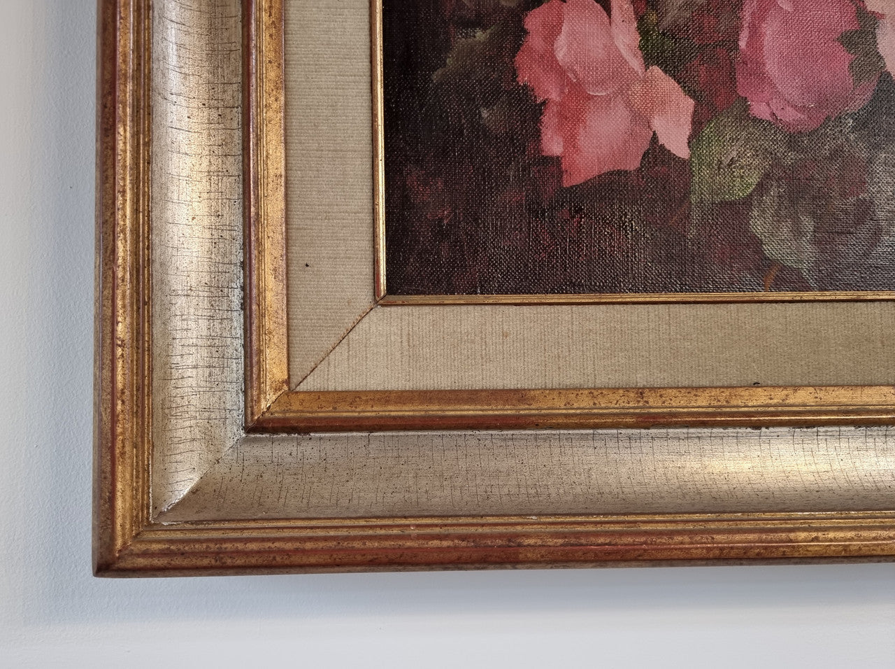 French Signed Floral Oil On Canvas In Silver Gilt & Gilt Frame