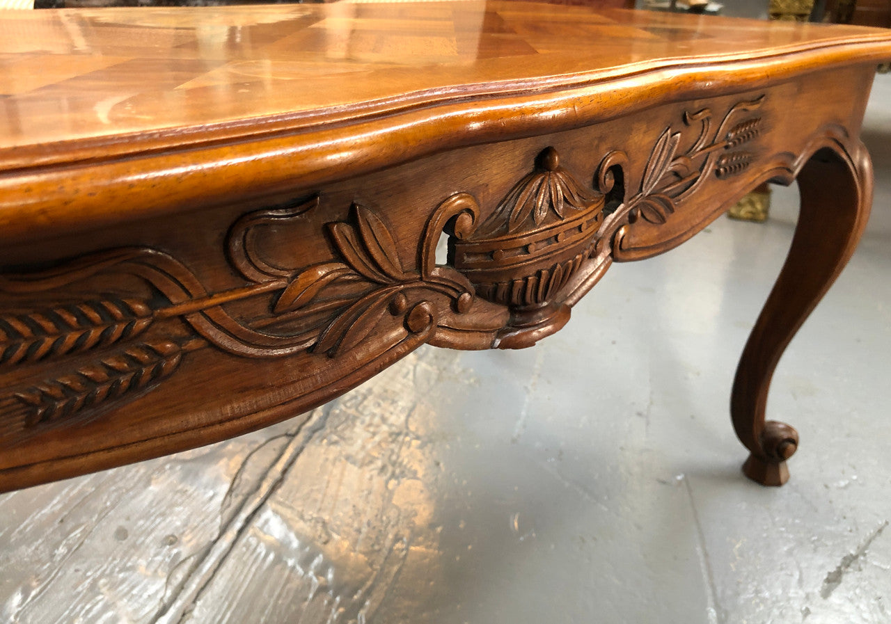 French Walnut parquetry top coffee table. In good original detailed condition. Circa: 1950's