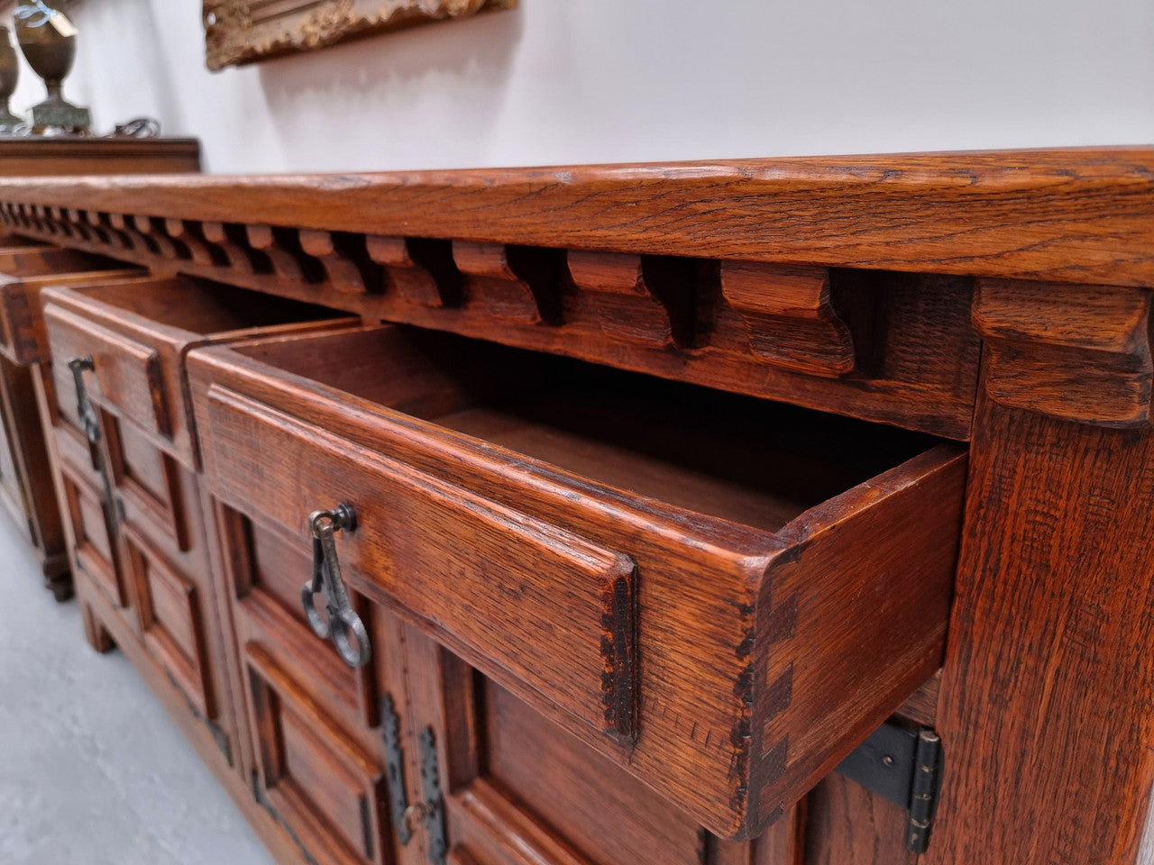 Large French Oak Spanish Style 4 Door Buffet