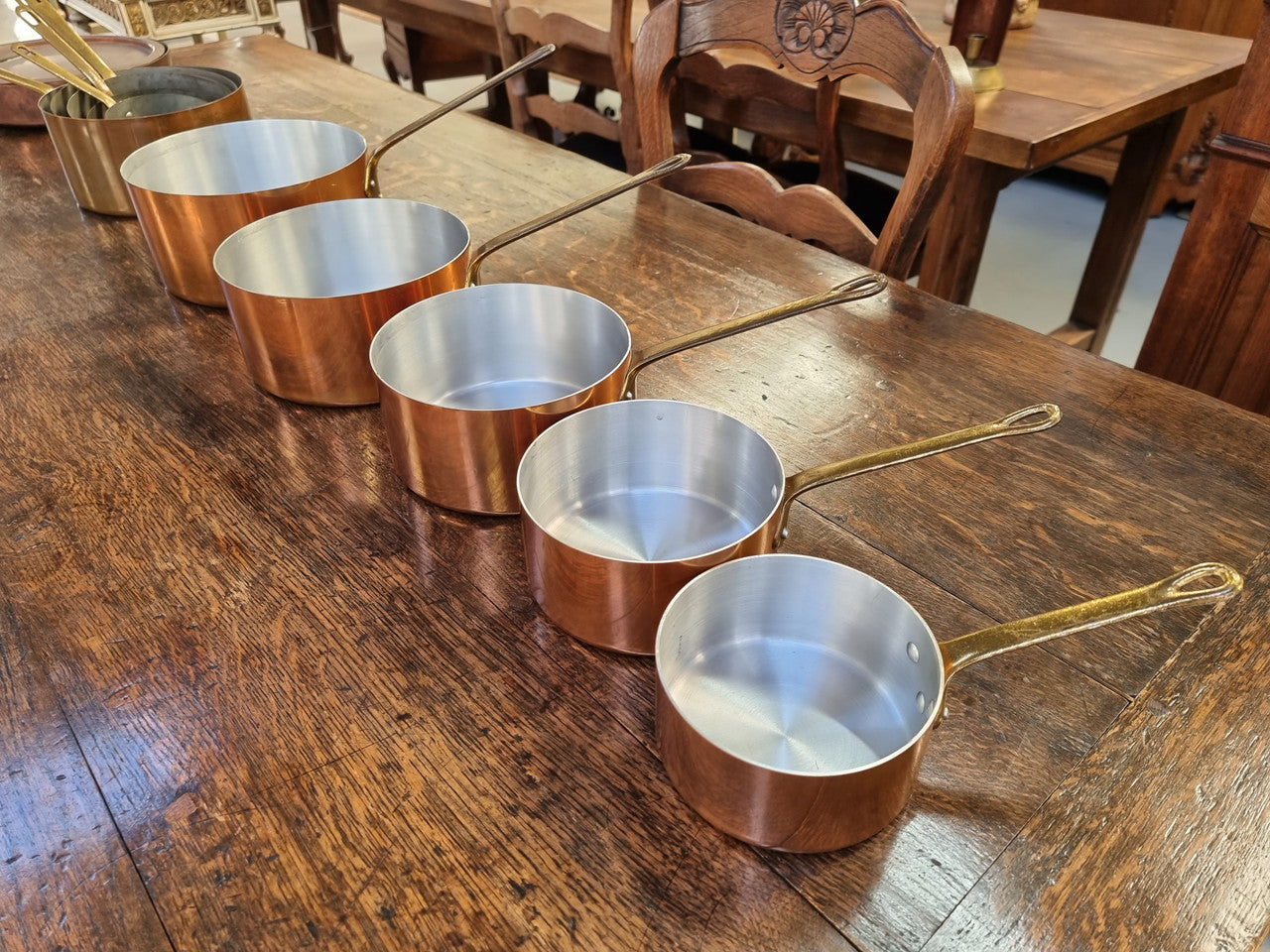 Set of Five French Vintage Copper & Brass Saucepans. They are in amazing original condition.