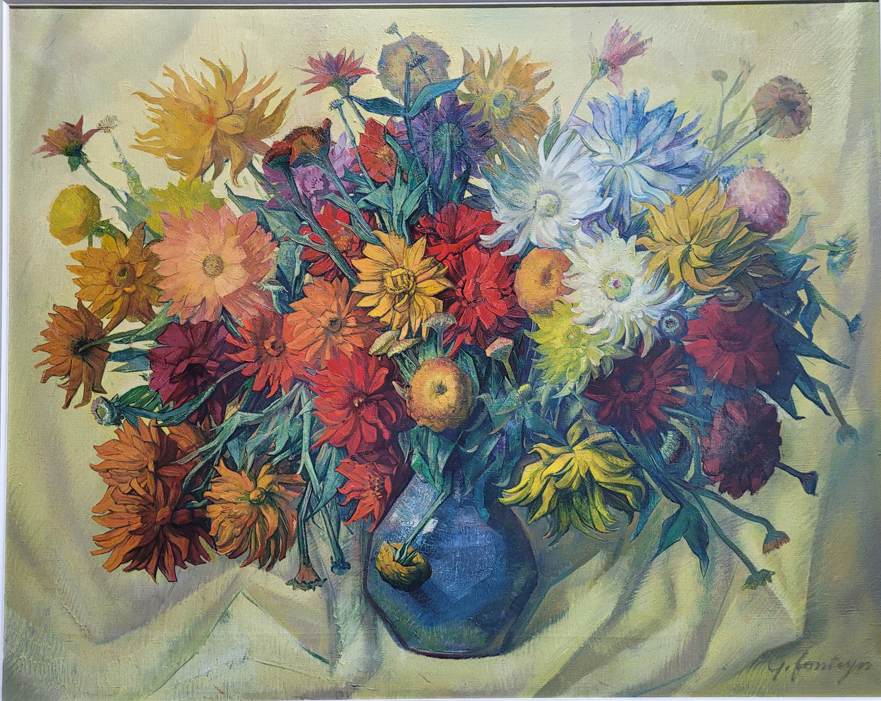 Large vibrant French oil on canvas of flowers and signed “Y.Fonteyn". In an amazing gilt frame and is in good original condition.