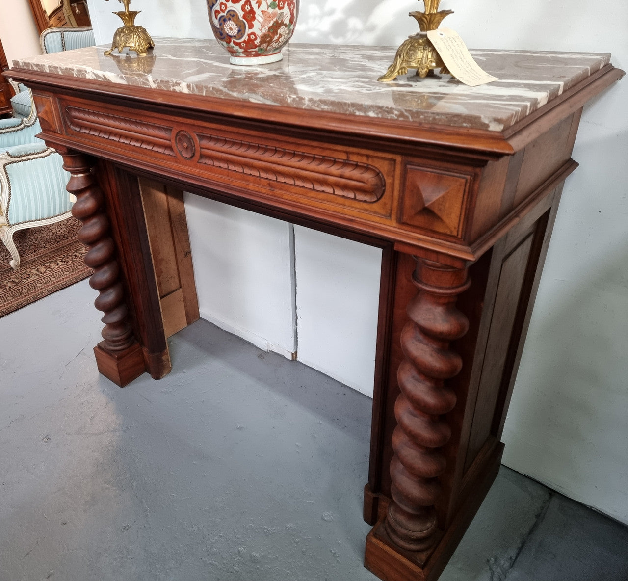 French 19th Century Walnut & Marble Top Fireplace Surround