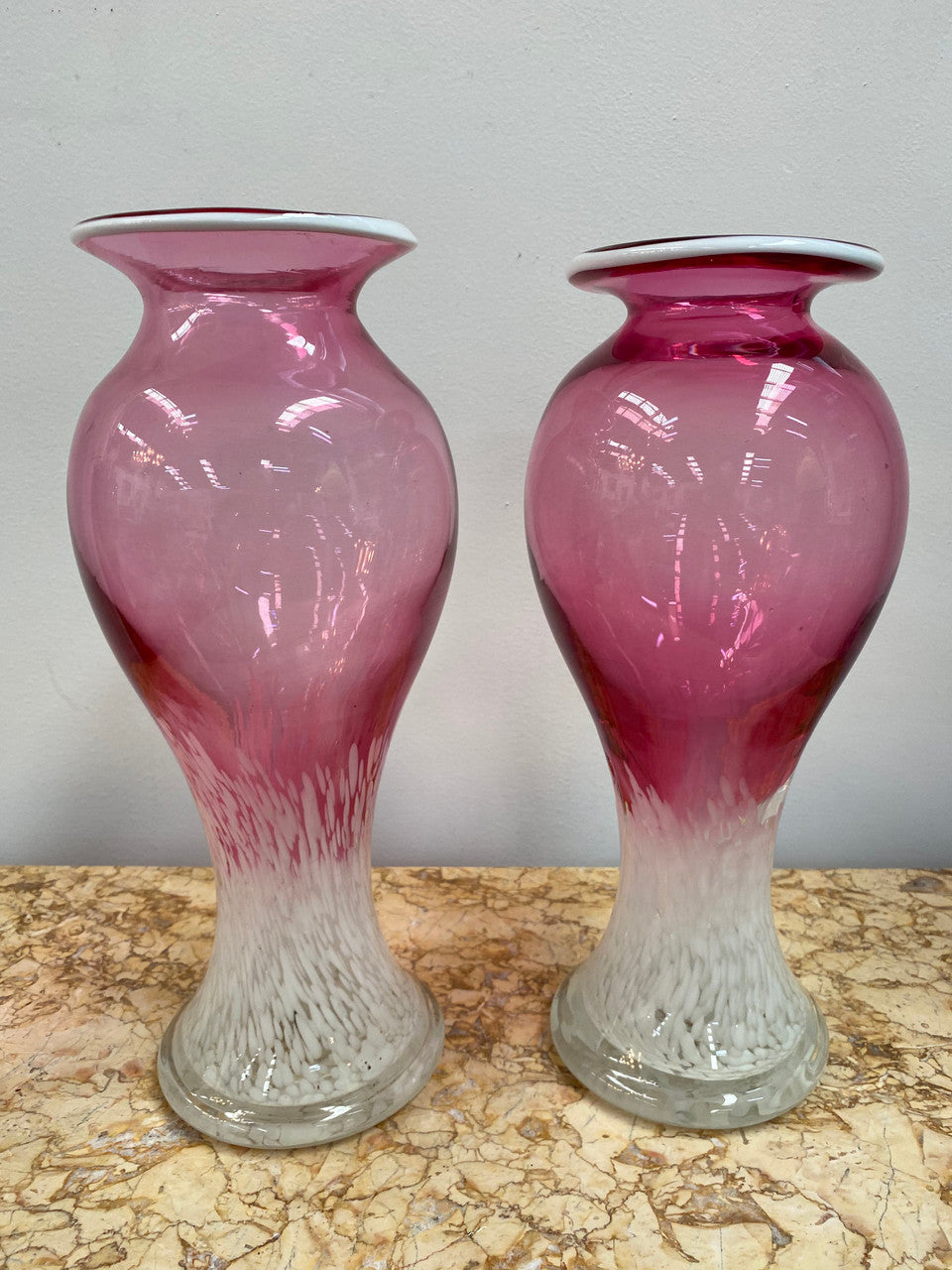 Pair of large Edwardian Ruby & Milk art glass vases. Handmade and in good condition. Circa 1900.