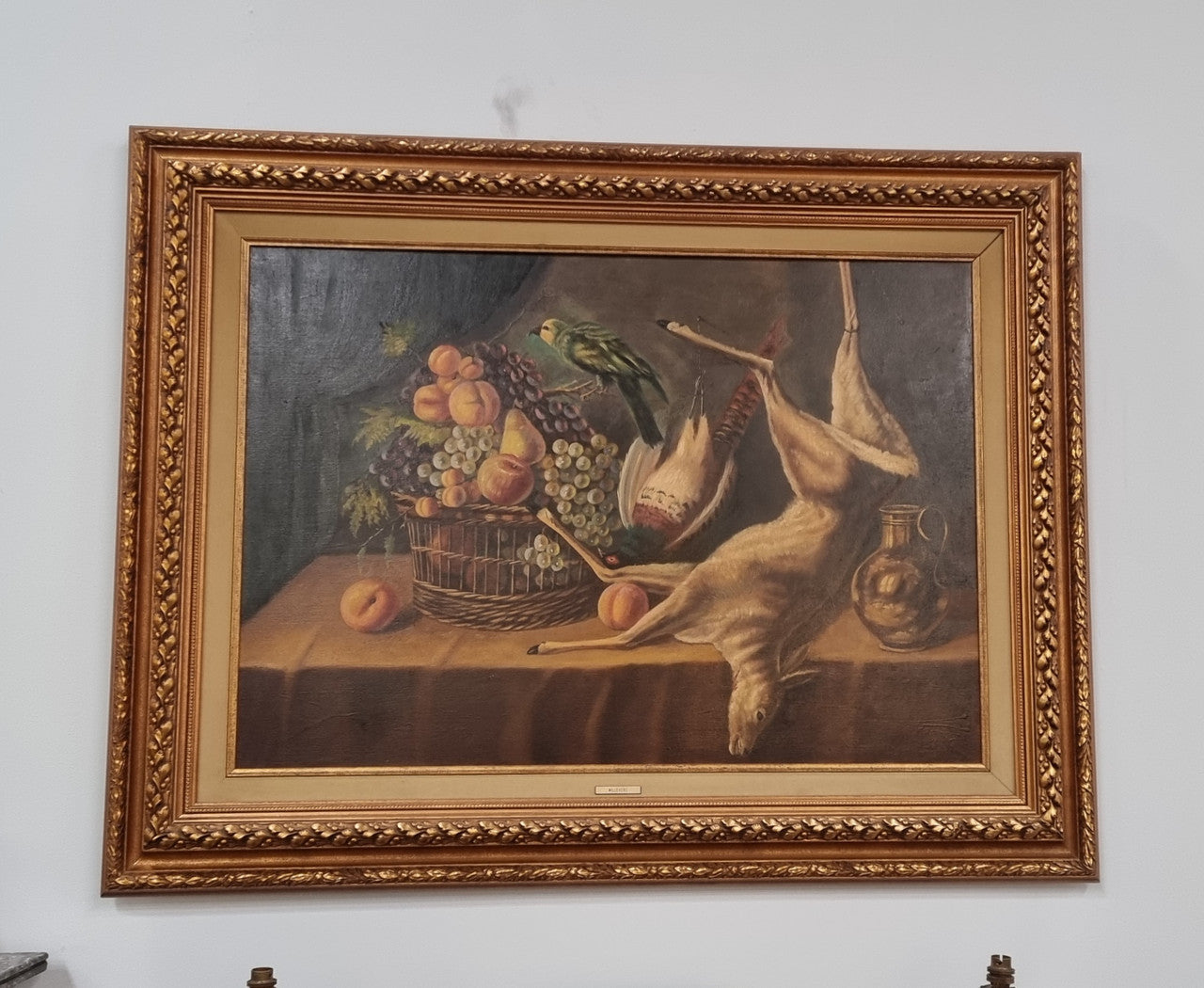 Sourced in France is the beautiful still life oil painting on canvas, of a bird, rabbit and deer. Framed in a beautiful ornate gilt frame and in good original condition.