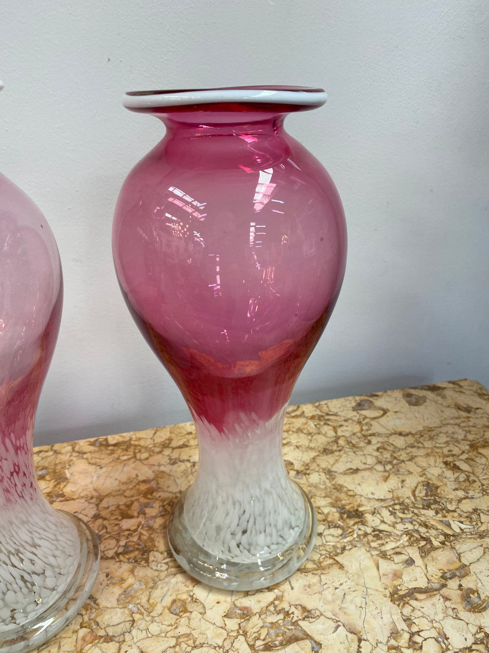 Pair of large Edwardian Ruby & Milk art glass vases. Handmade and in good condition. Circa 1900.