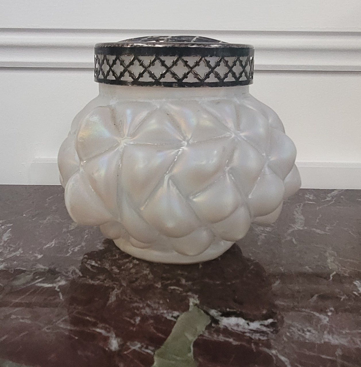 Iridescent Loetz glass vase with flower insert. Please view photos as they help form part of the description.