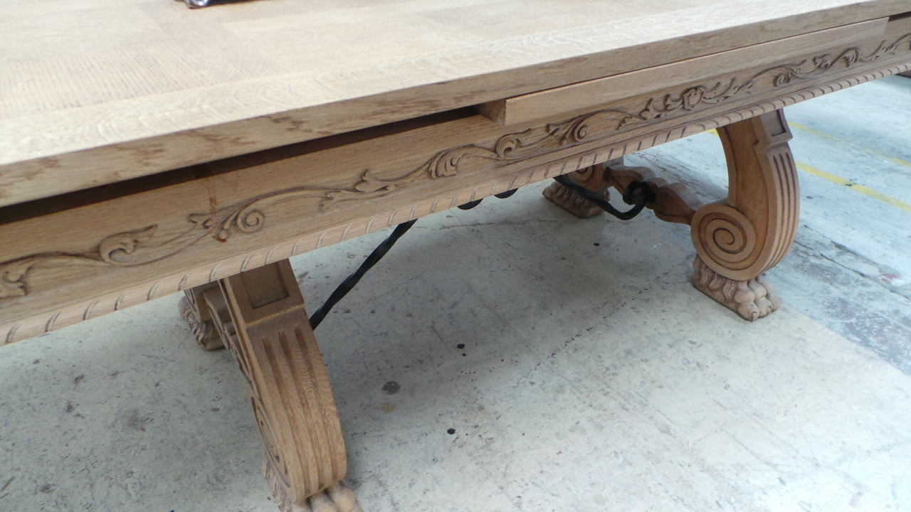 Antique French Oak Spanish Style Parquetry Top Extension Table