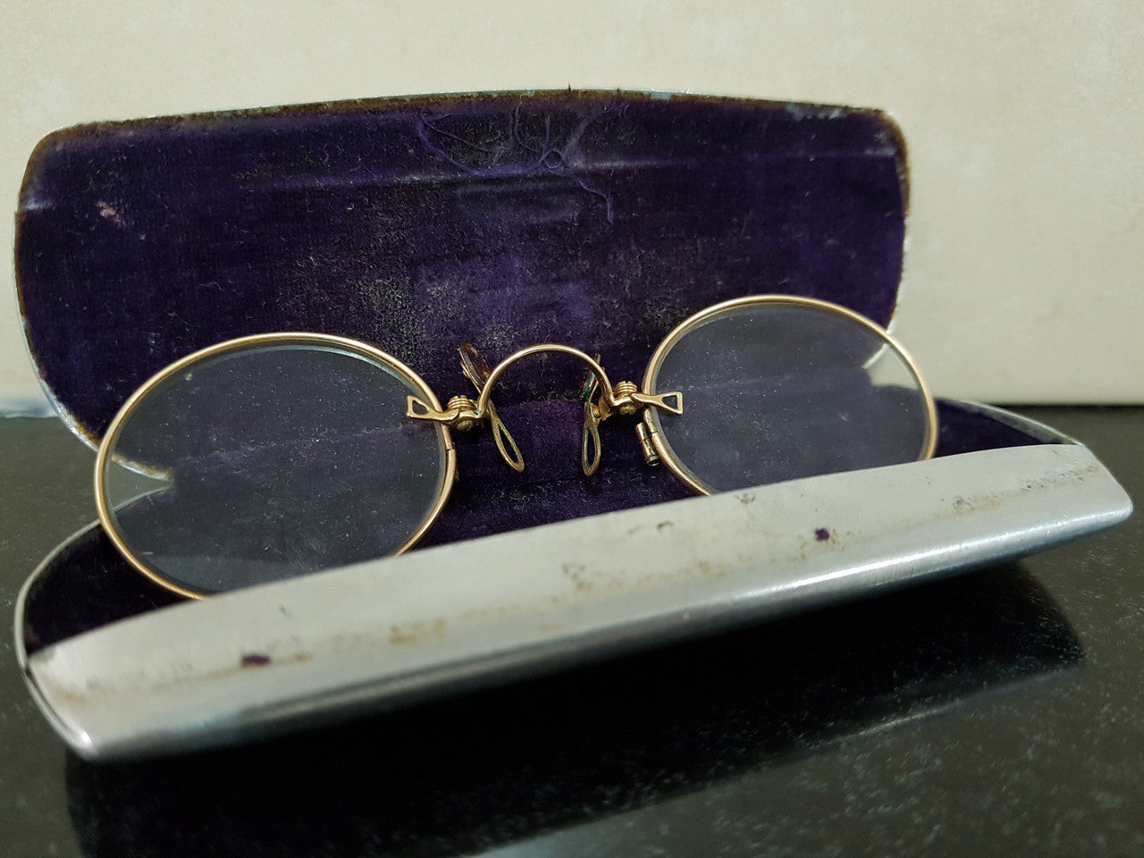 Antique Gold Plated Pince-Nez Reading Glasses In Original Case