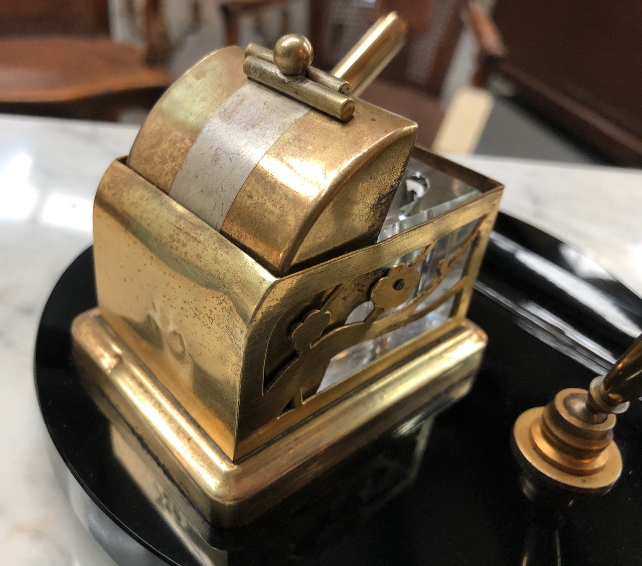 Round Art Deco Brass & Glass Ink Well