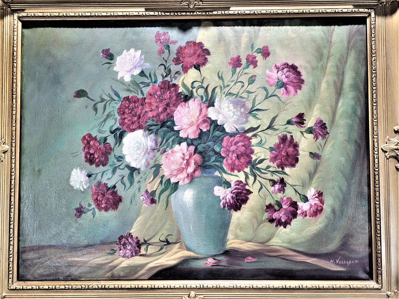 Stunning large French oil on canvas of a floral study signed, in good original gilt frame.