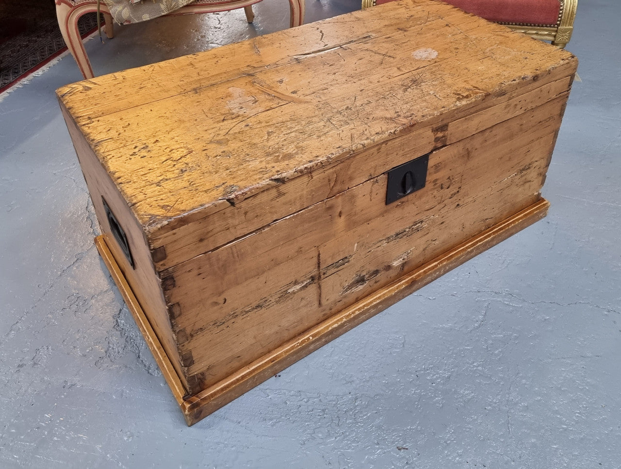 Lovely Pine chest / blanket box with loads of rustic character and iron hardware. This piece would also make a great coffee table, and is in good original condition.