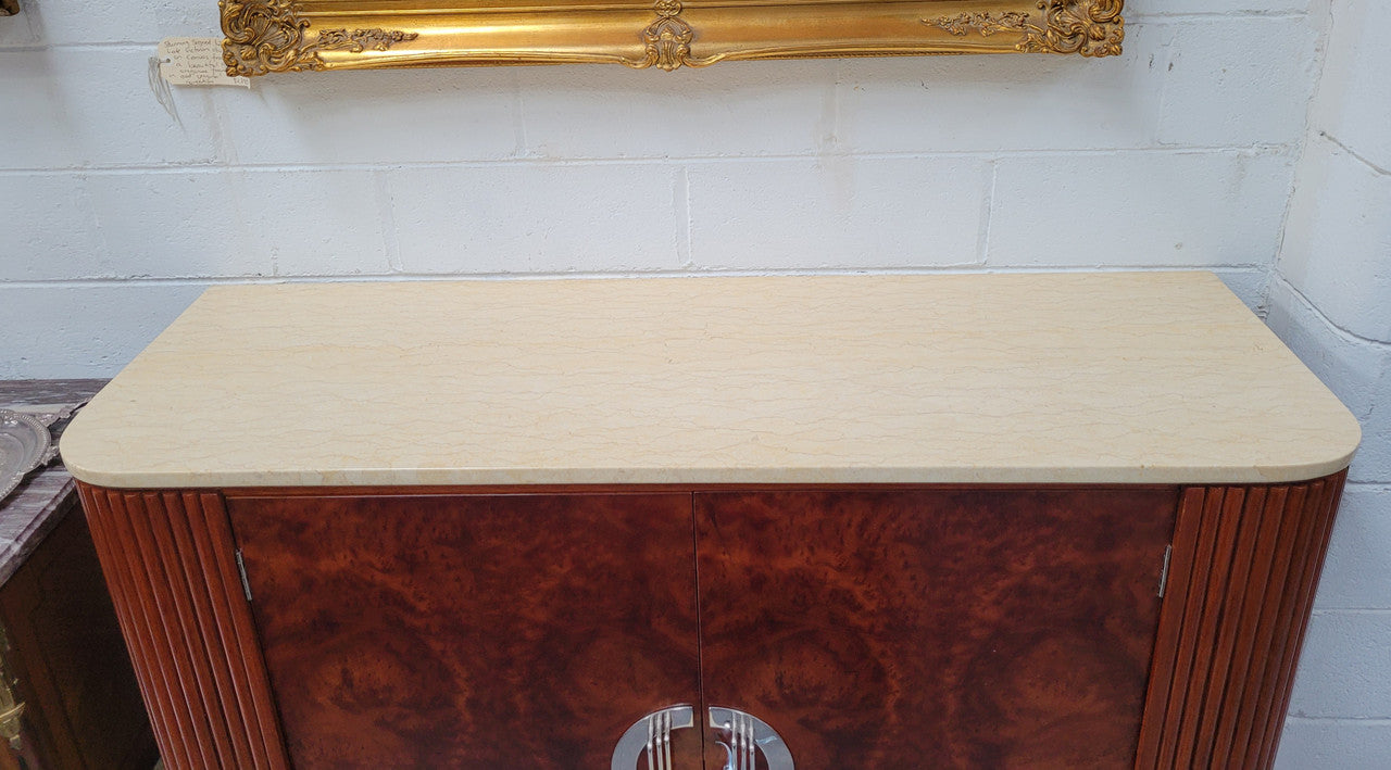 Beautiful Bespoke Art Deco style Walnut and Mahogany marble top buffet. In good original detailed condition.
