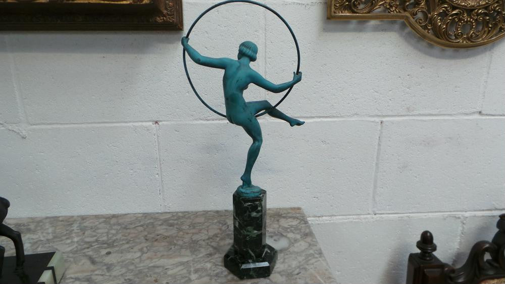 French Art Deco Hoop Lady Statue Signed By Danseuse Au Cerceau