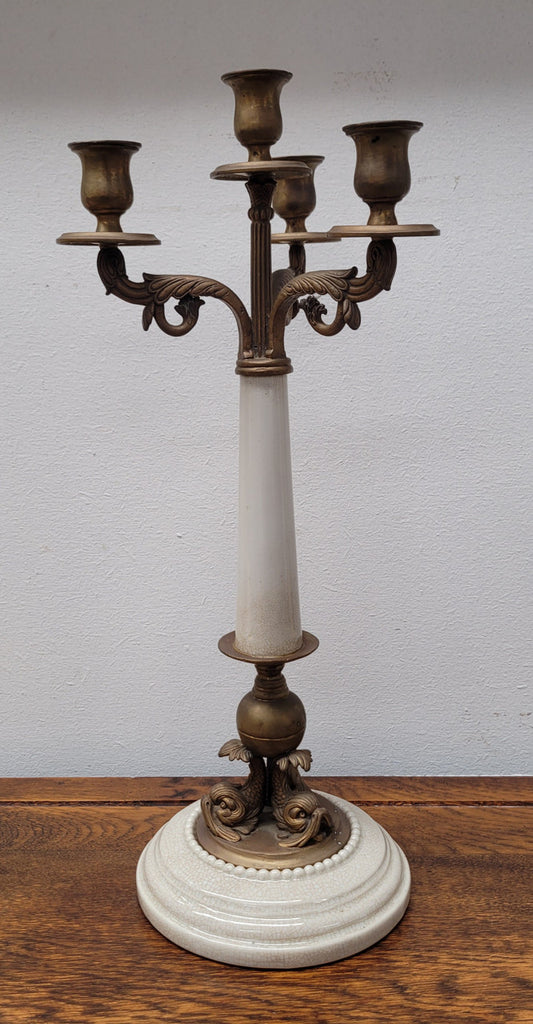 Vintage decorative ceramic and metal candlestick with four candles. It has been sourced locally and is in good original detailed condition. Please view photos as they help form part of the description.