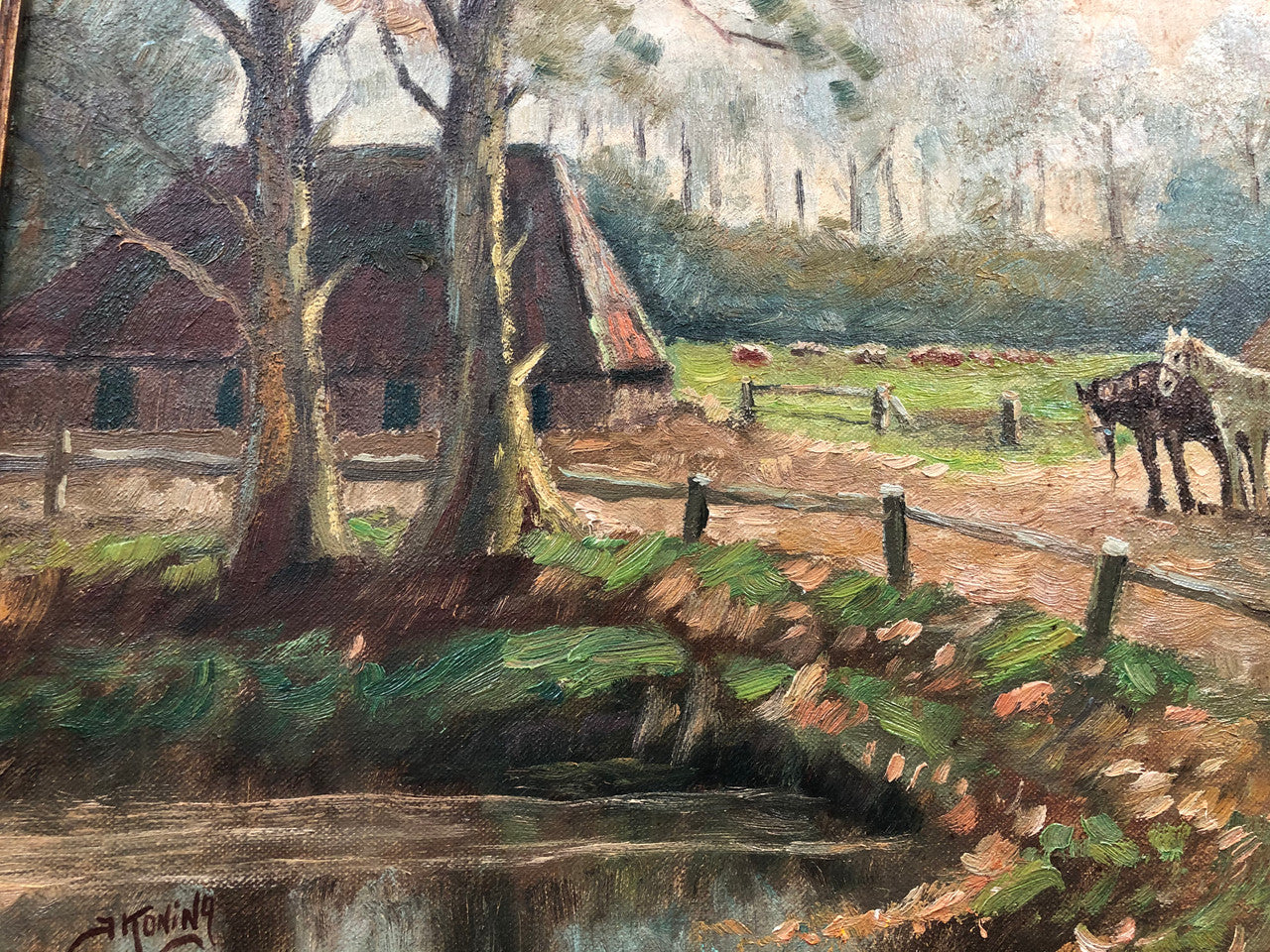 Sourced in france is this beautiful signed Dutch oil on canvas of a farm scene framed in a ornate frame. In good original condition.