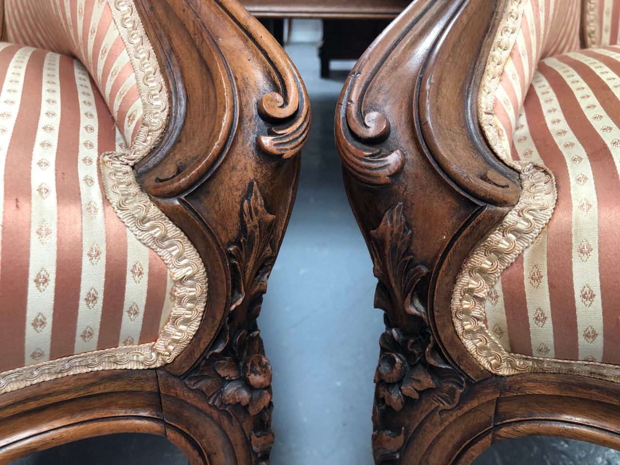 High Quality Antique Pair Of French Walnut Upholstered Arm Chairs