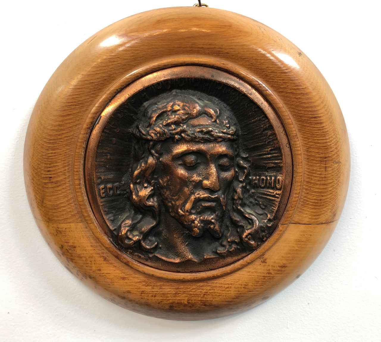 Italian Copper Plaque Of Jesus Set In Fruitwood Frame