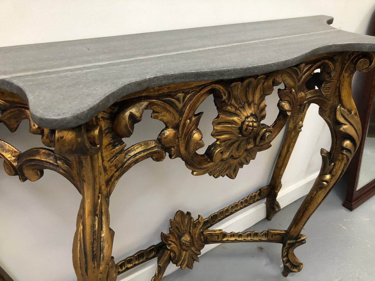 Antique French Louis XV style marble top console table & mirror set. Circa 1900 and it is in very good original condition.