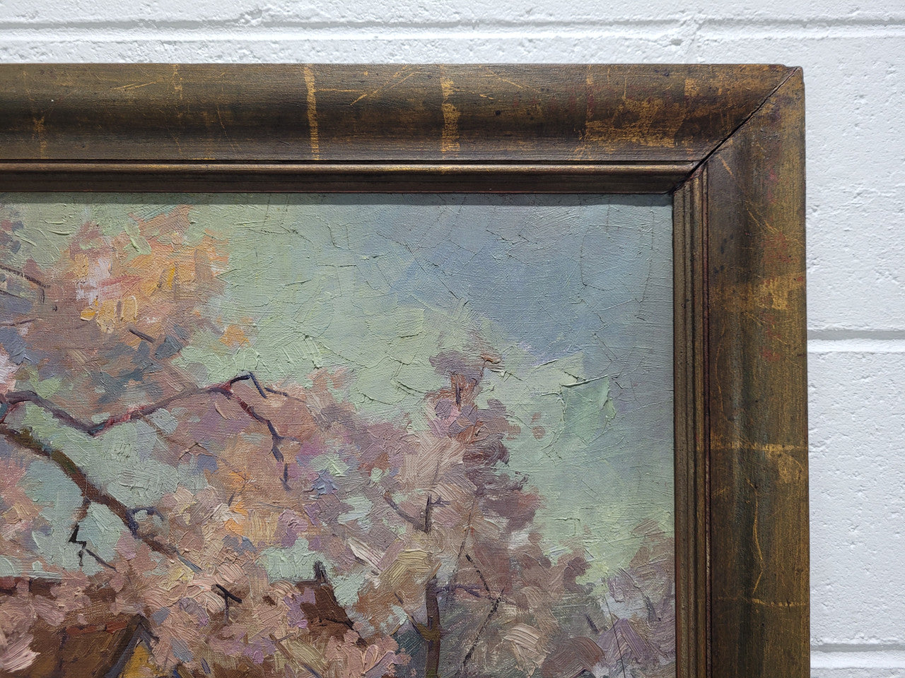 Stunning French oil on canvas signed by Prosper Bosteels (1881-1964). Depicting painting of a house with a flowering cherry tree and in a gilt frame. In good original detailed condition. Sourced from France.