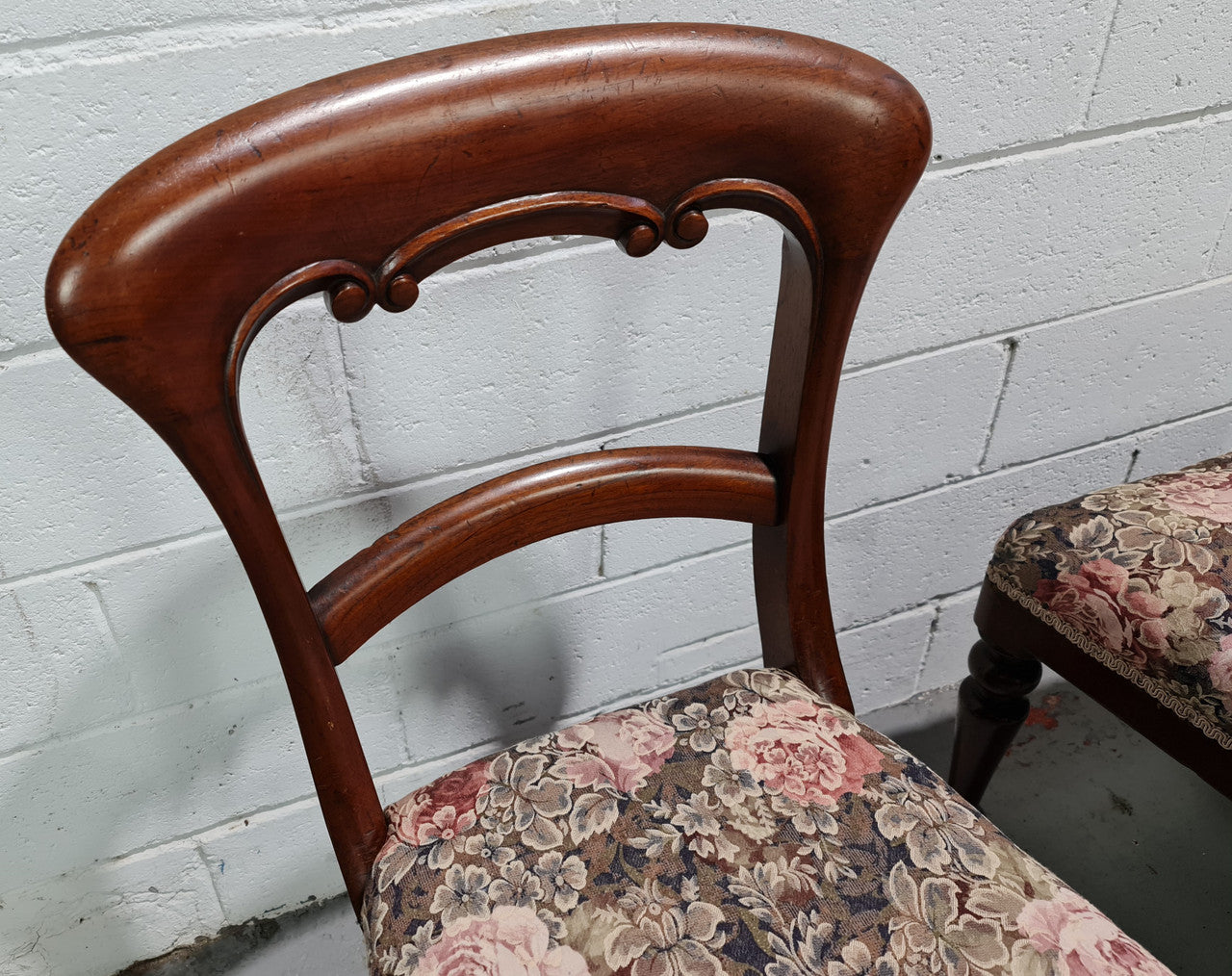 Set of Four Victorian upholstered cedar balloon back chairs. In good original detailewd condition, fabric is also in good used condition.