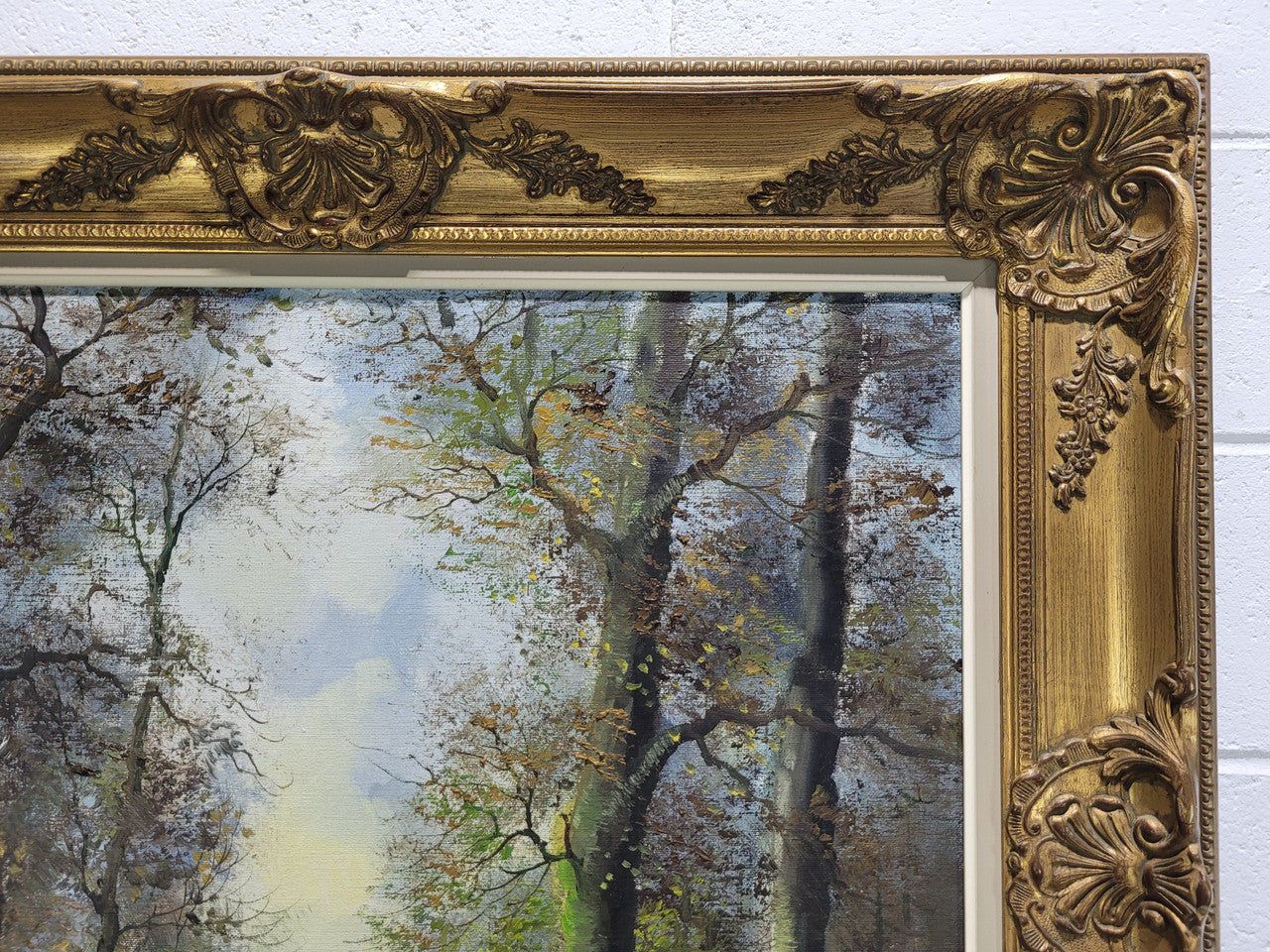 Stunning large French oil on canvas painting depicting river landscape. Signed by “Franks”. In good original gilt frame.