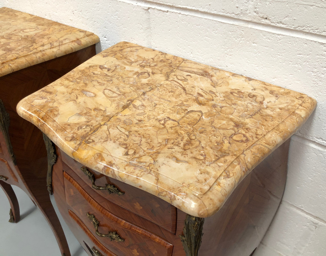 Pair of French Louis XV Style Marquetry Inlaid Marble Top Bedsides