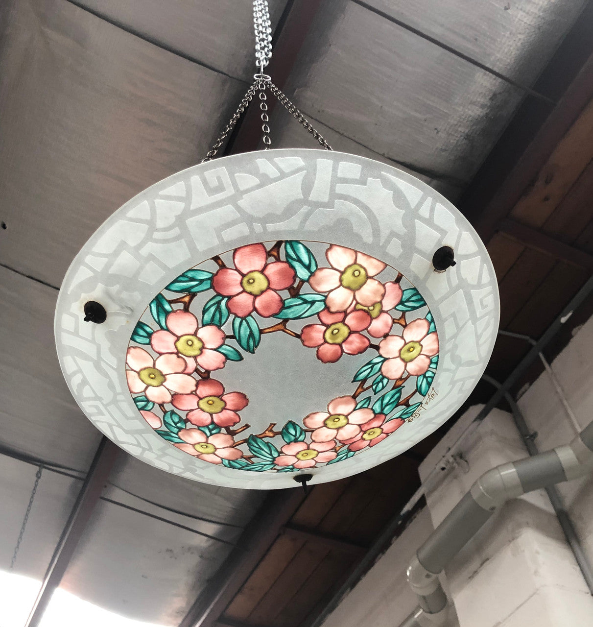 Rare French Art Deco Hanging Light Shade Hand-Painted & Signed