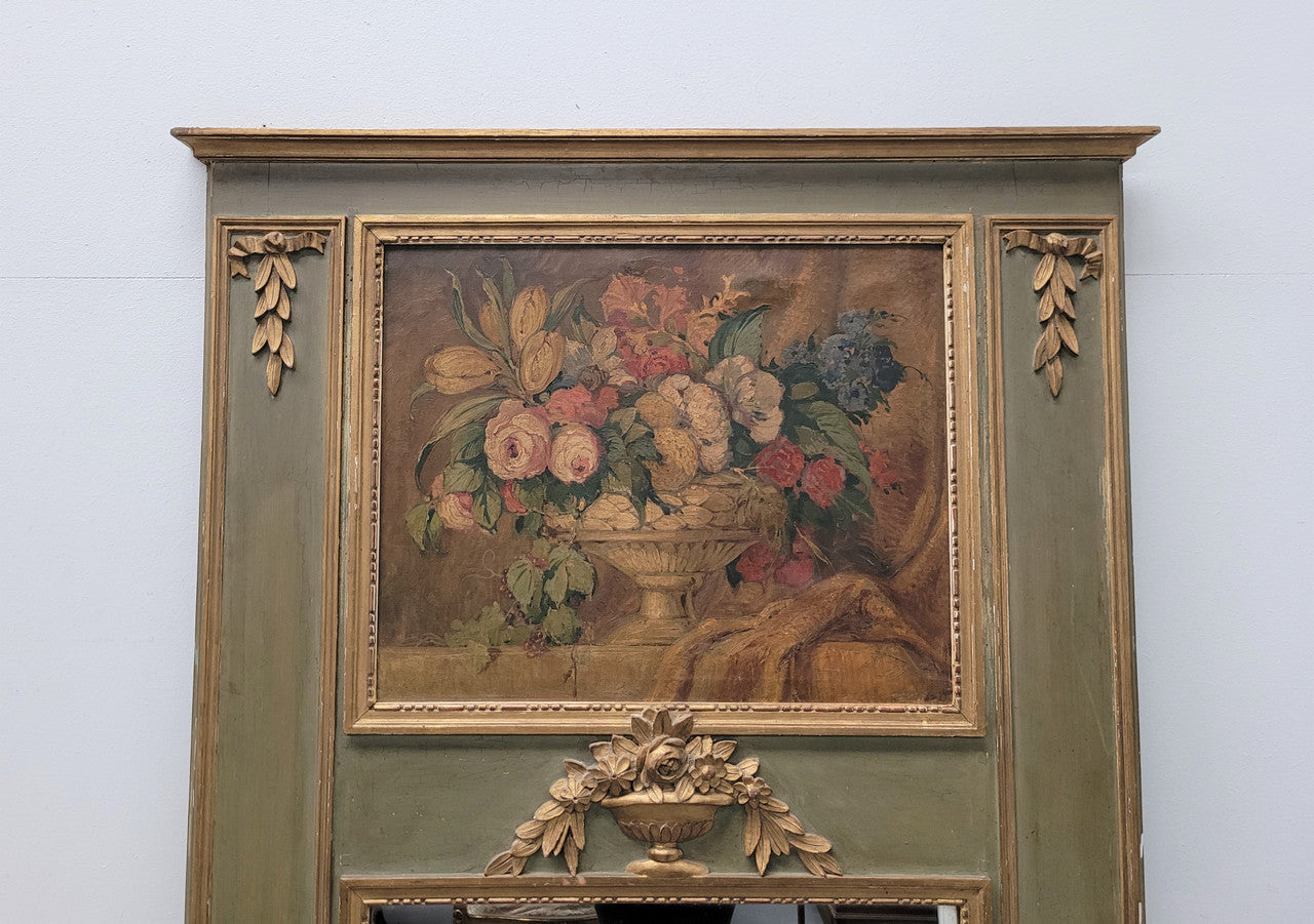 Superb French 19th Century trumeau mirror with original paint, gilt and oil on Canvas. Original mirror C:1880’s