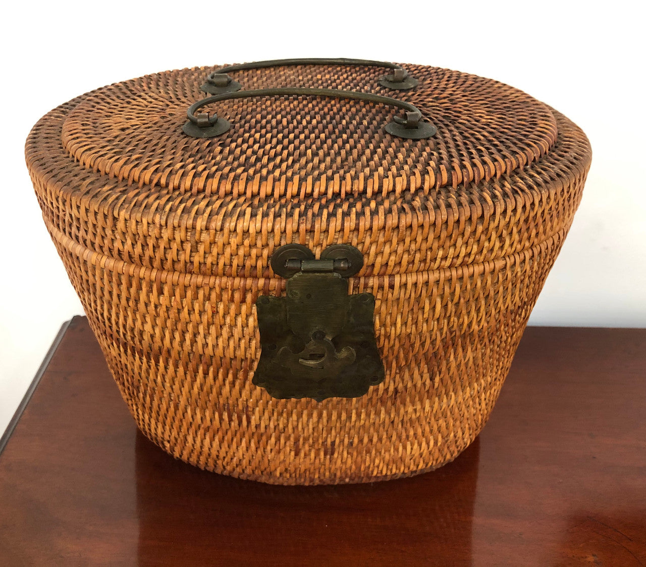Beautiful Antique Cane Basket With Metal Handles & Latch