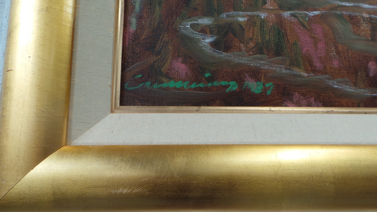 A beautiful Framed oil on canvas in vibrant colours and framed in a lovely gold frame. This piece is signed by artist John Cumming from "The Mill Gallery" and still has its original gallery card as shown in picture. It is in good original condition.