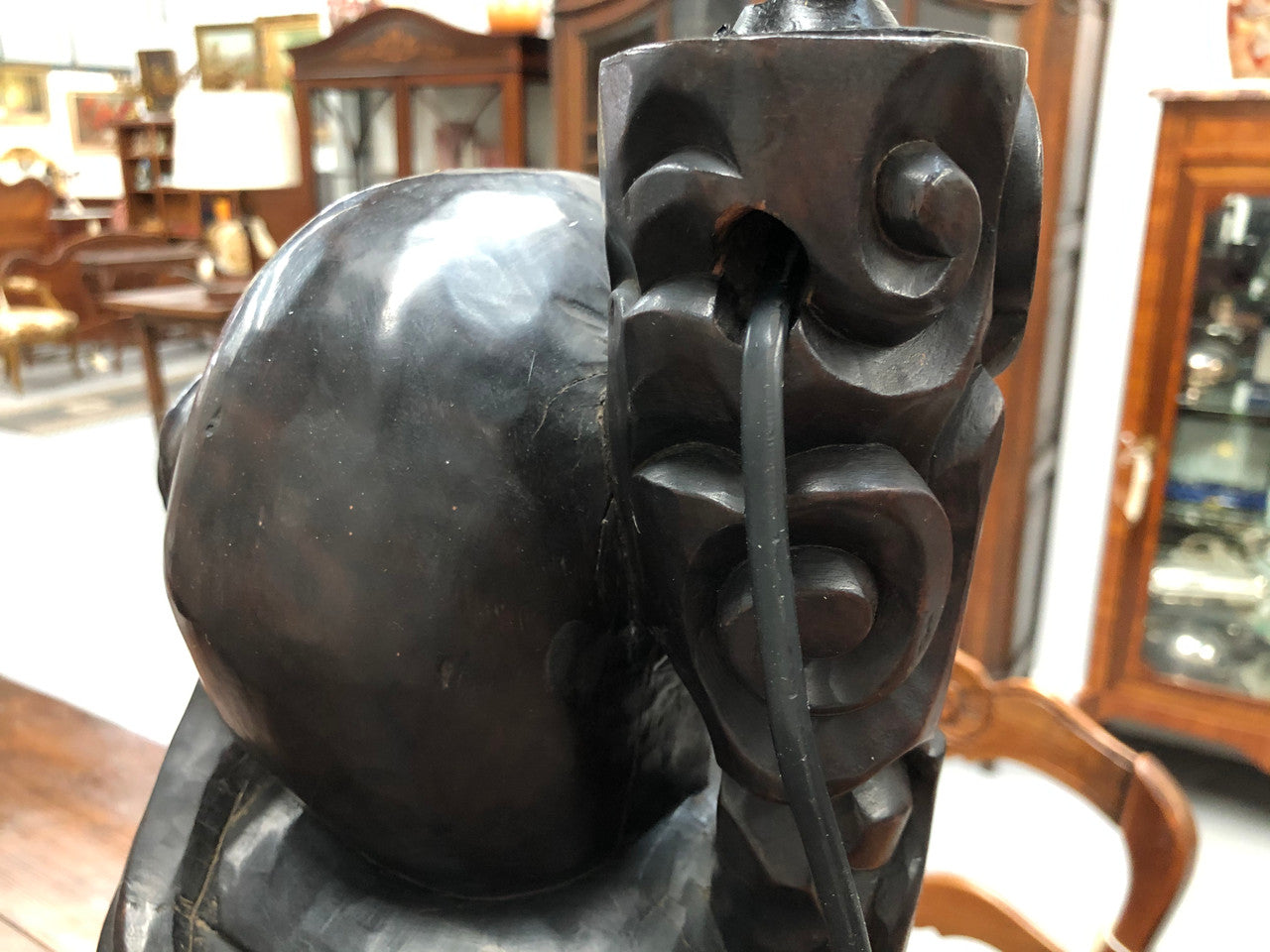 Antique Chinese hand carved Rosewood Immortal "Shou Xing" God of longevity lamp base. Profusely inlaid with brass cloisons. Meiji period Circa 1880.