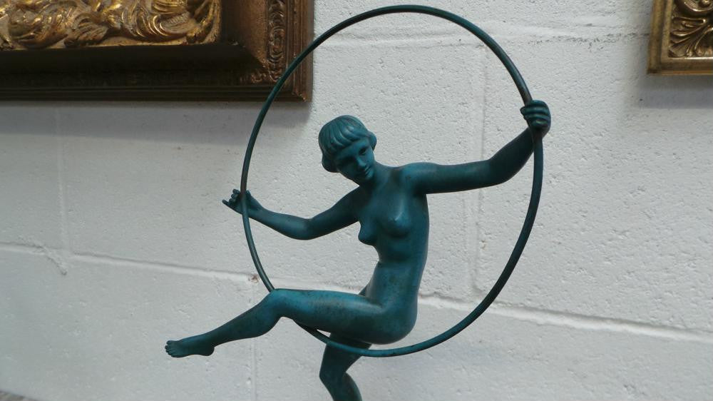 French Art Deco Hoop Lady Statue Signed By Danseuse Au Cerceau