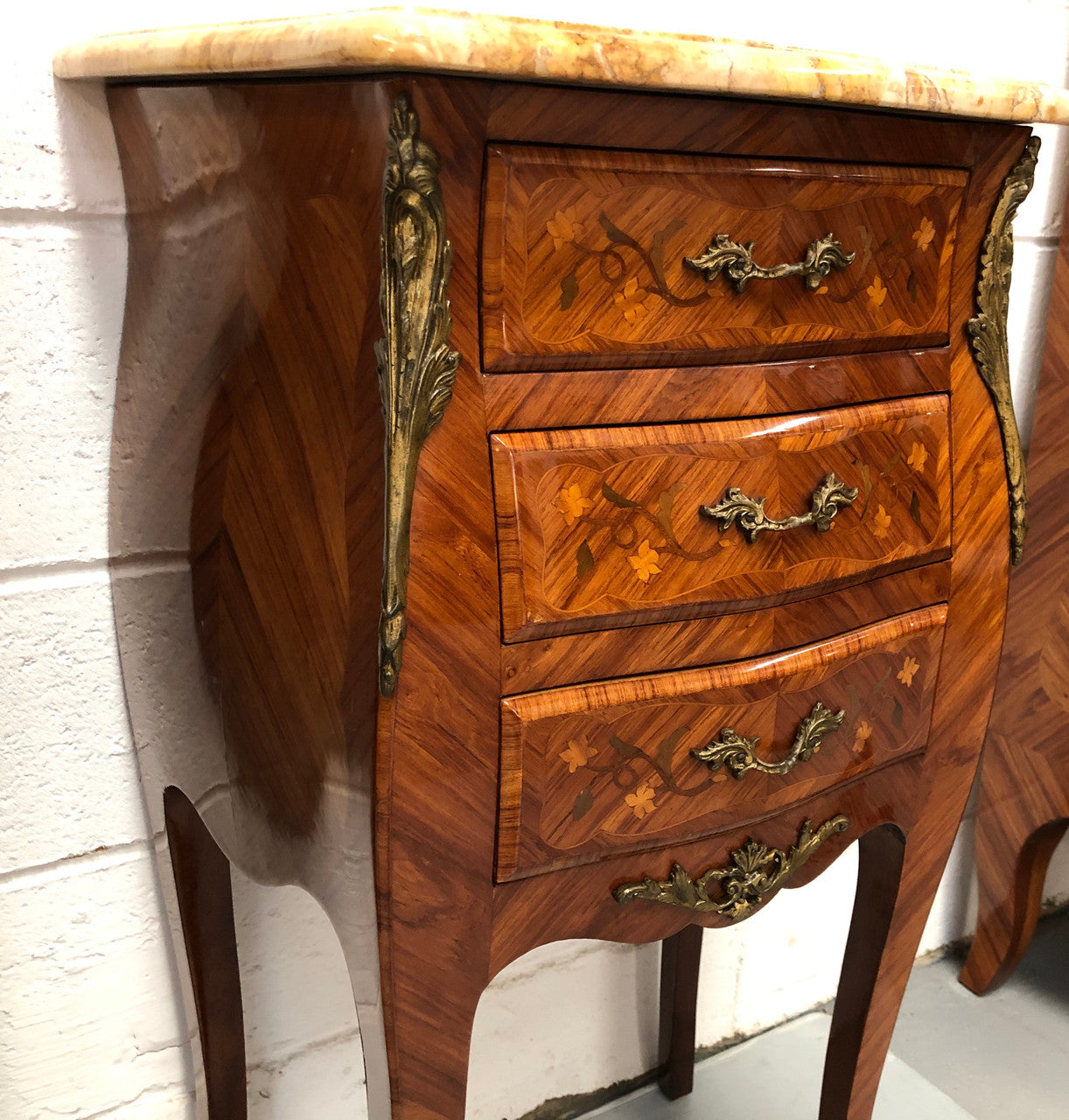 Pair of French Louis XV Style Marquetry Inlaid Marble Top Bedsides