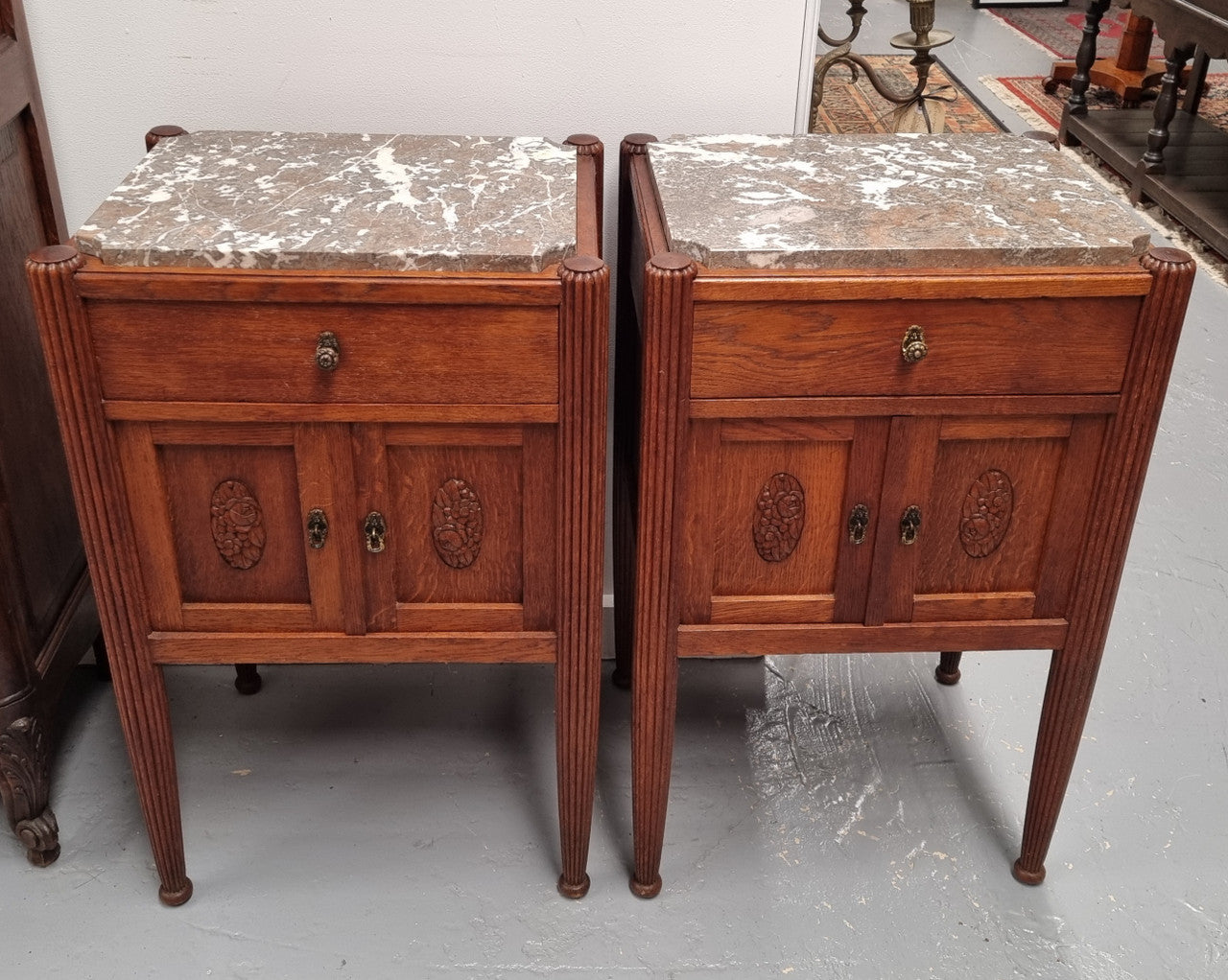 Pair French Louis 16th Style Oak Marble Top Bedsides
