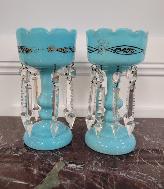 Pair of blue Opaline glass Victorian lustre vases. Please view photos as they help form part of the description.