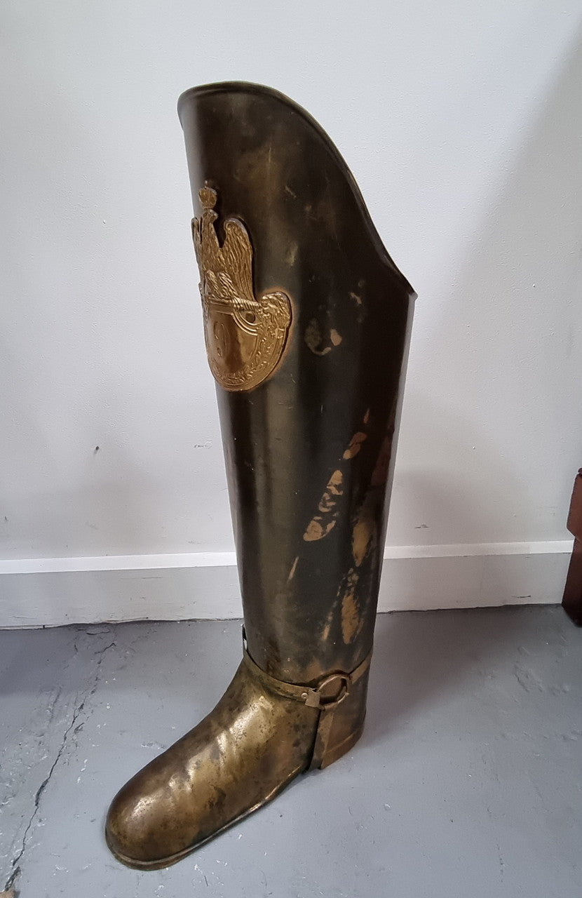 Fabulous French brass decorative boot for storing your umbrellas for walking sticks in good condition. makers stamp underneath .