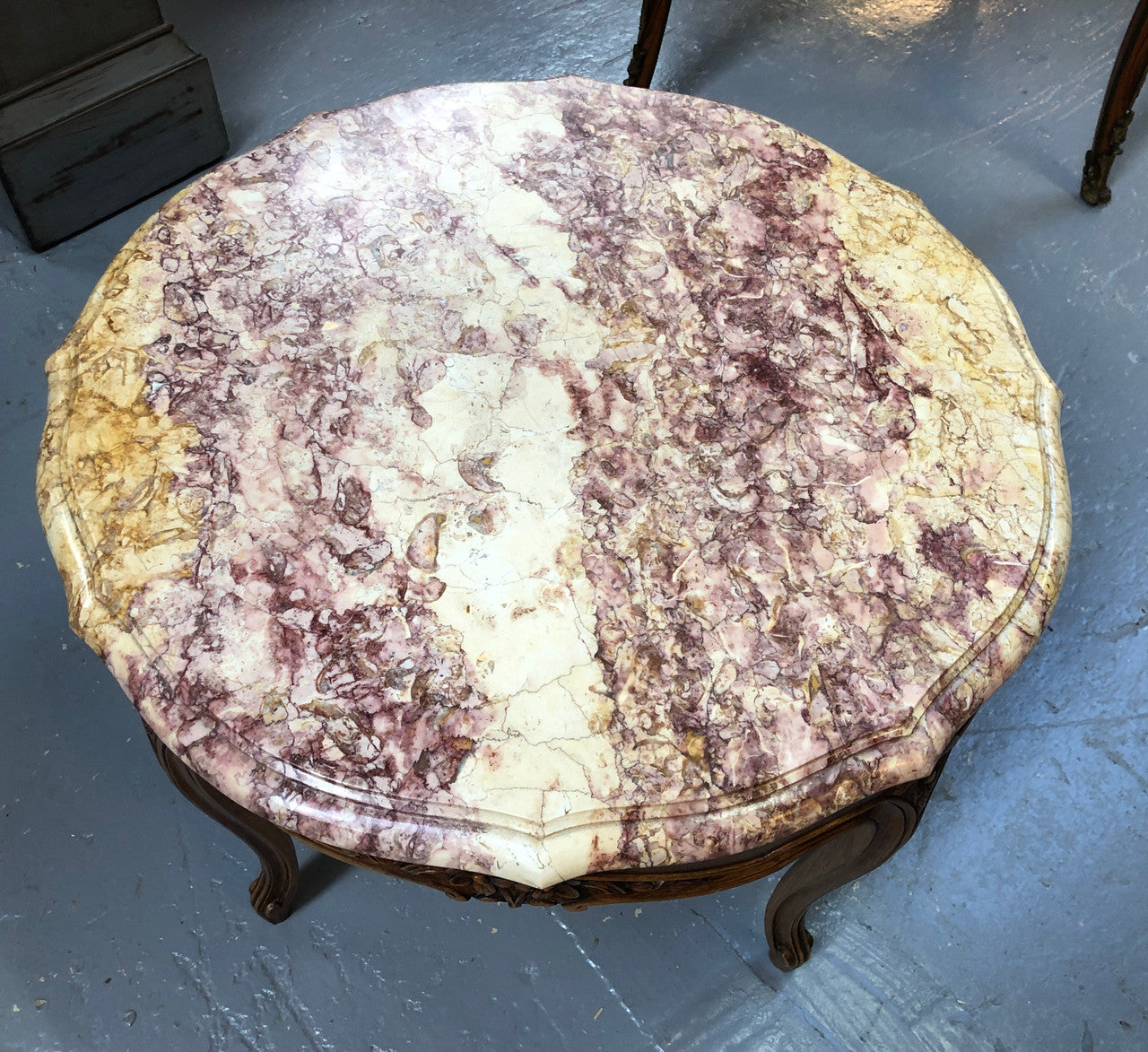 Louis XV th Style Walnut Marble Top Round Coffee Table