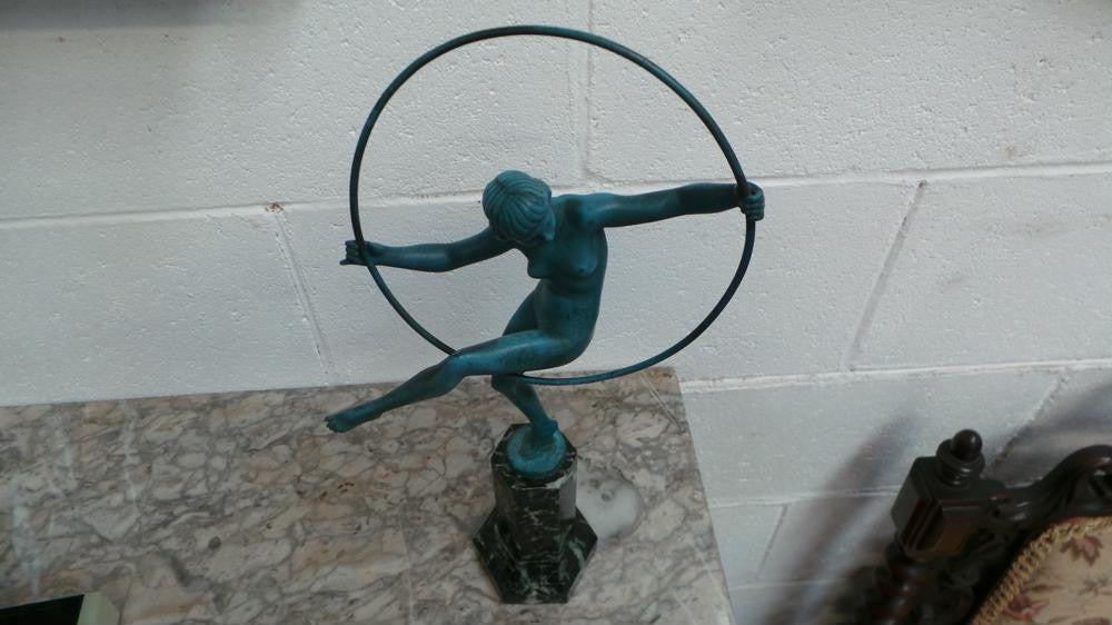 French Art Deco Hoop Lady Statue Signed By Danseuse Au Cerceau