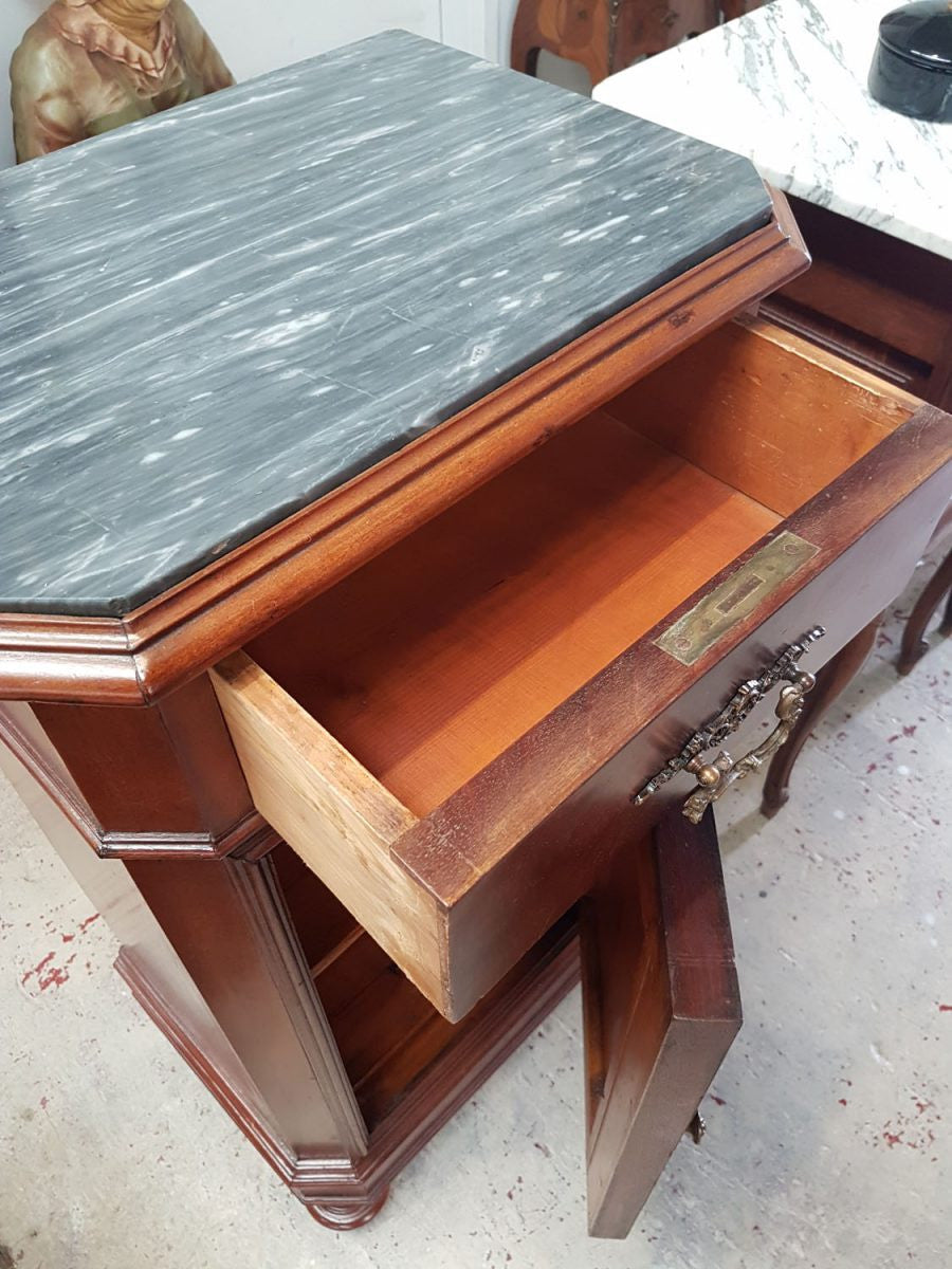 French Flame Mahogany Marble Top Cabinet