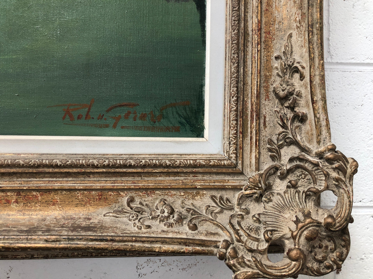 Lovely framed French signed oil on canvas of a country scene in a ornate decorative frame and is in good original condition.