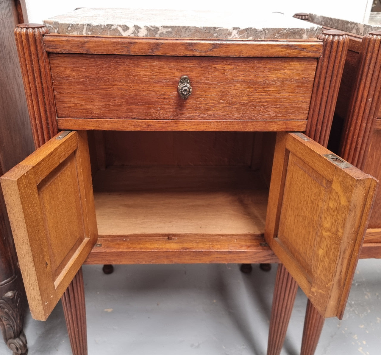 Pair French Louis 16th Style Oak Marble Top Bedsides