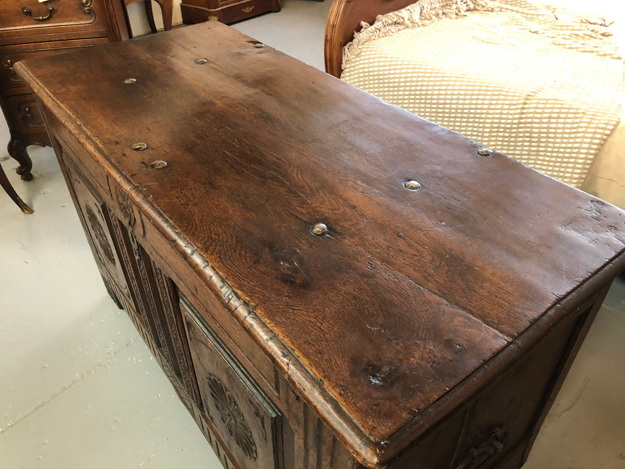 Early 18th century Antique French Oak coffee with beautiful original patina. In good original detailed condition.