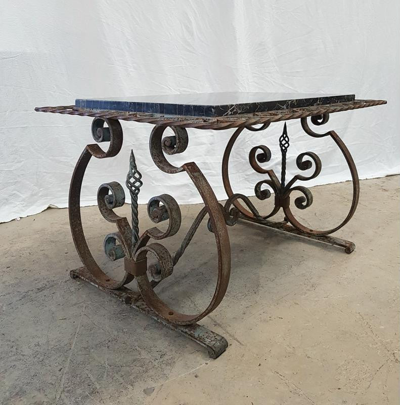 French Portoro Marble Top Wrought Iron Coffee Table