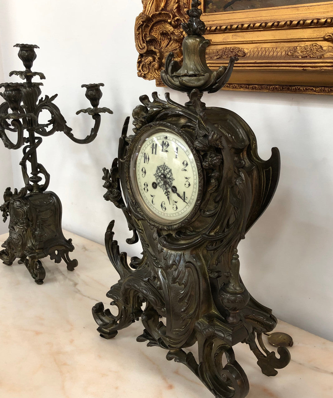 French Three Piece Gothic Style Bronze Clock Set