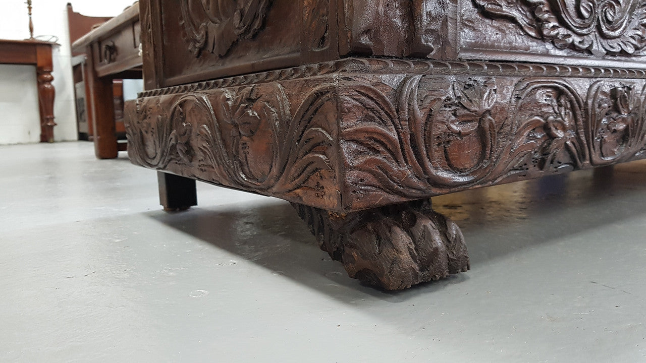 Antique Mahogany Heavily Carved Coffer Chest Blanket Box